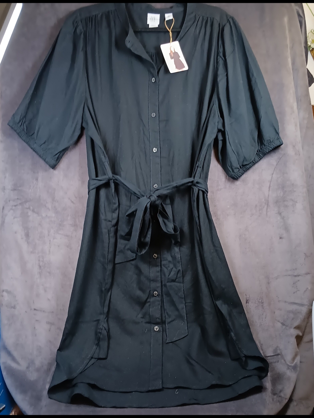 Serra Black Button-Front Midi Dress with Tie Waist
